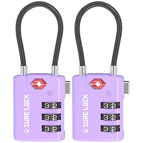 SURE LOCK TSA Compatible Travel Luggage Locks, Inspection Indicator, Easy Read Dials TSA Approved with Zinc Alloy (2, Purple 2 Pack)