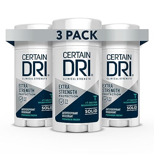 Certain Dri Extra Strength Clinical Antiperspirant Solid Deodorant, Hyperhidrosis Treatment for Men & Women, Powder Fresh, 1.7 Oz (Pack of 3)