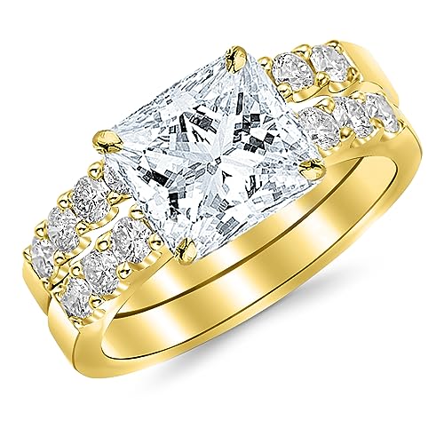 14K Yellow Gold 1.52 CTW Classic Prong Set Bridal Set With Wedding Band and Diamond Engagement Ring w/ 0.51 Ct GIA Certified Princess Cut F Color VVS1 Clarity Center