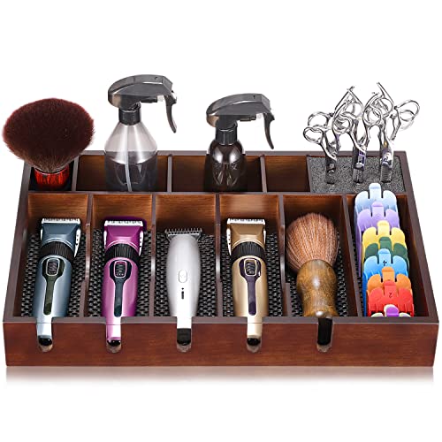 Noverlife Wooden Barber Clipper Tray, Anti-slip Hairdresser Clipper Organizer, Wood Barber Table Collector, Professional Hair Trimmer Holder, Cosmetic Container Razor Tool Case Box with 5 Slots