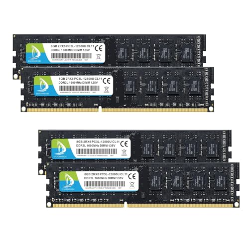 32GB(4X 8GB) DDR3L/DDR3 1600MHz Desktop RAM 32GB PC3L-12800U DIMM RAM PC3 12800 CL11 1.35V/1.5V DDR3-1600 2RX8 240-Pin Unbuffered Non-ECC Upgrade Module Ram Desktop Memory RAM