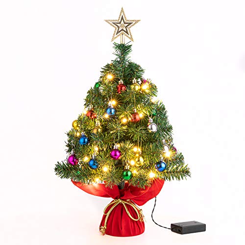 Sunnyglade 22Inch Tabletop Christmas Tree Mini Artificial Christmas Tree with 30 LED Lights & 24 Pcs Christmas Ball for Table Top Desk Classic Series Holiday Decoration (Green)