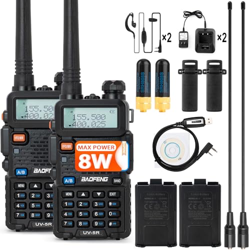 BaoFeng Radio UV-5R 8W 2Pack Handheld Ham Radios (VHF & UHF) with High Gain Antenna and Programming Cable (2Pack) (M)