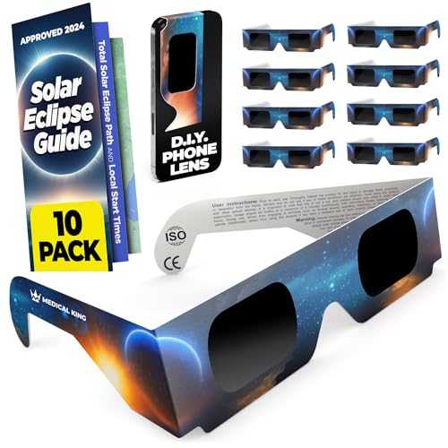 Medical king Solar Eclipse Glasses Approved 2024, (10 pack) CE and ISO Certified Safe Shades for Direct Sun Viewing Includes Bonus Eclipse Guide With Map