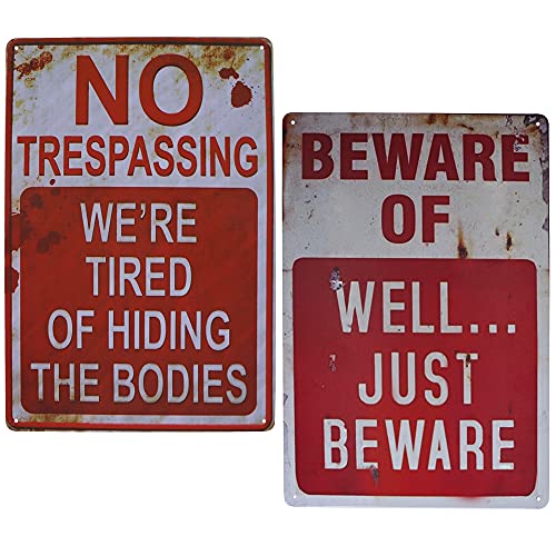 Wonderwin Beware of Well Just Beware & No Trespassing We're Tired of Hiding The Bodies 8” x 12” Retro Metal Signs Vintage Bar Decor Yard Signs Halloween Props - 2 PCS