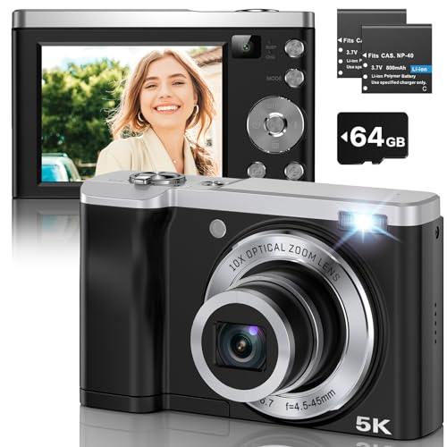 56MP 5K Digital Camera 10X Optical Zoom, Front and Rear Dual Cameras with 2.8' IPS Touch Screen, Video Vlogging Cameras for Photography with 64G Micro Card, Compact Point and Shoot Cameras for Gifts
