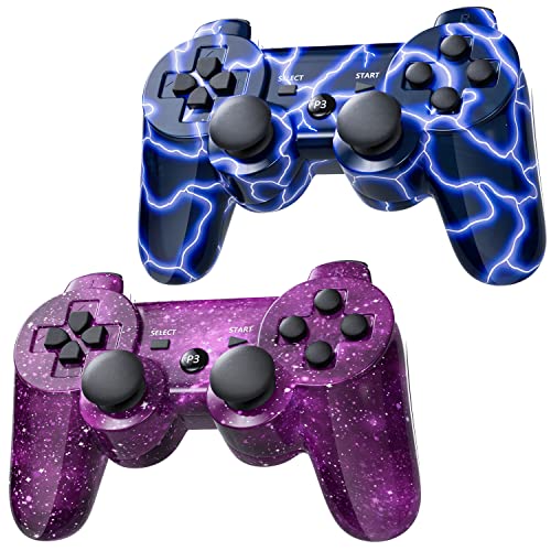 Burcica PS3 Controller 2 Pack Wireless Motion Sense Dual Vibration Upgraded Gaming Controller for Sony Play Station 3 with Charging Cord (Blue+Purple)