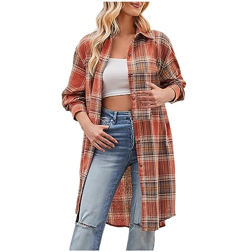 YMADREIG Amazon Outlet Clearance Today Long Shackets for Women Classic Flannel Plaid Shirts Long Length Trench Coats Fall Fashion 2023 Button Down Long Sleeve Shackets…