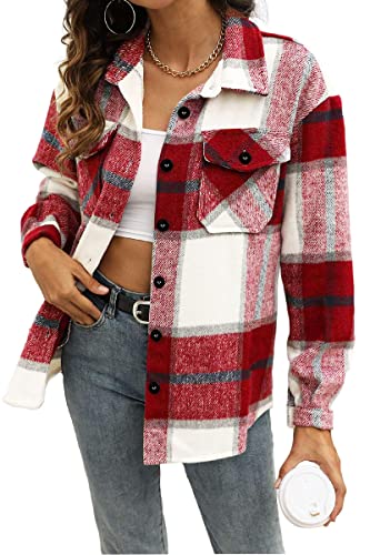 Trendy Queen Womens Casual Plaid Shacket Wool Blend Button Down Long Sleeve Shirt Fall Jacket Shackets Red