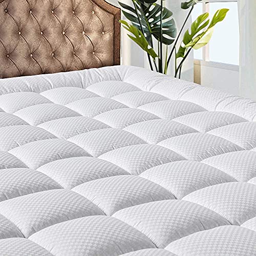 MATBEBY Bedding Quilted Fitted Queen Mattress Pad Cooling Breathable Fluffy Soft Mattress Pad Stretches up to 21 Inch Deep, Queen Size, White, Mattress Topper Mattress Protector