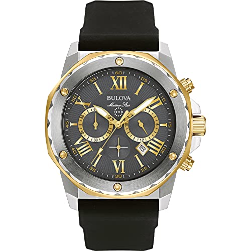 Bulova Men's Marine Star Series A Two-Tone Gold Ion-Plated Stainless Steel 6-Hand Chronograph Quartz Watch, Black Silicone Strap, 44mm Style: 98B277