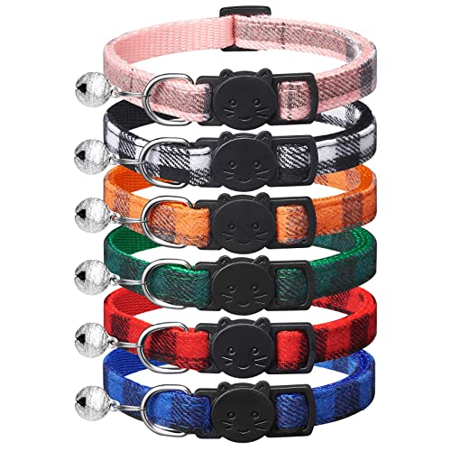6 Pack Classic Plaid Cat Collars with Bells - Breakaway Kitten Collar and Adjustable 6-9 in,Cute Kitty Collar for Girl Boy Cats,Pet Gifts,Accessories,Supplies,Stuff