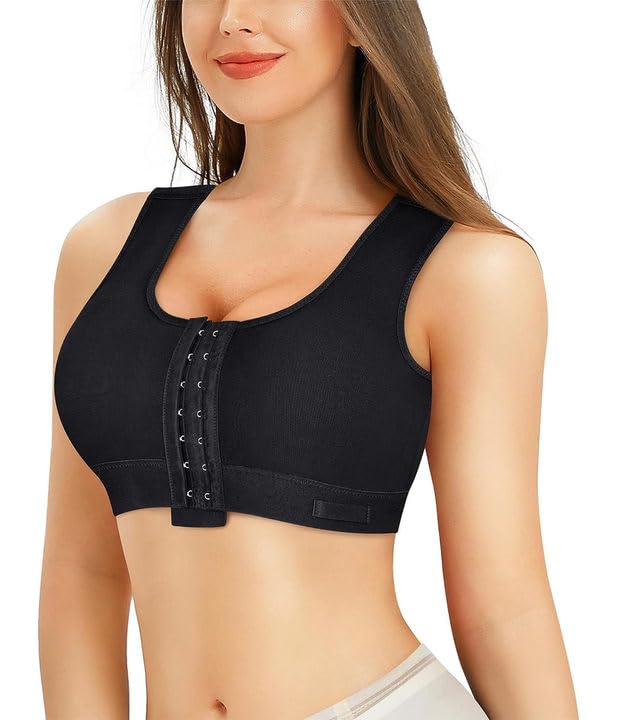 BRABIC Women Front Closure Post Surgery Compression Everyday Bras for Mastectomy Support with Adjustable Straps Wirefree Black(Large, Black)