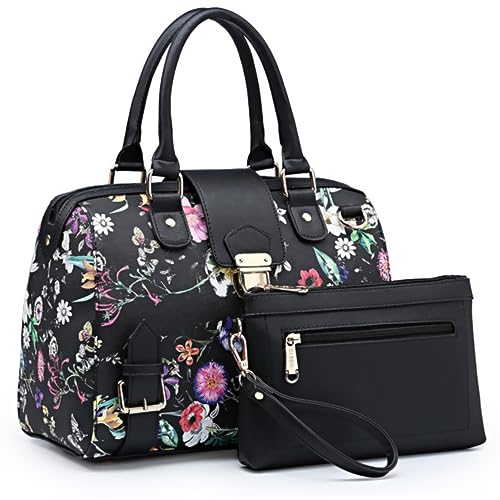 Dasein Women Barrel Handbags Purses Fashion Satchel Bags Top Handle Shoulder Bags Vegan Leather Work Bag Tote (Black Flower)