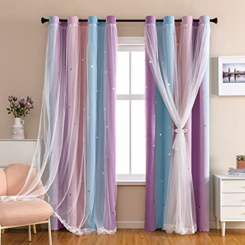 XiDi Dream Star Blackout Curtains for Kids Rooms Girl Princess Curtain for Daughter Bedroom Window (Pink Purple, W52 X L63)