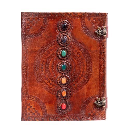 Hell Blues Leather Unlined Bound Journal 13 x 10 inches Large Rustic Diary Seven Chakra Medieval 7-Stone Embossed Handmade Sketchbook Vintage Writing Notepad (200 Pages)