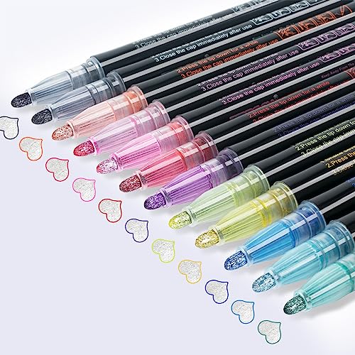 AKARUED Outline Shimmer Markers Set: Self Outline Metallic Marker Glitter Pens Set, 12 Colors Double Line Pens Fancy Markers for Kids Ages 8-12 Christmas, Birthday, Greeting Card Making