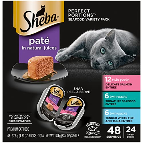 SHEBA Perfect Portions Paté Wet Cat Food Trays (24 Count, 48 Servings), Signature Seafood Entrée, Easy Peel Twin-Pack Trays
