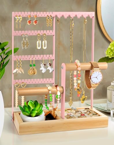 Godboat Jewelry Organizer - Earring Holder with 48 Holes, 6 Hooks Necklace Organizer, Bracelet and Ring Stand with Jewelry Box, Mothers Day Gifts for Women, Mom, Preppy Stuff & Room Decor, Pink