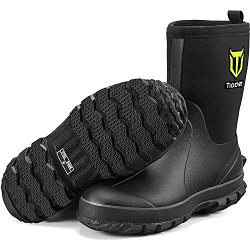 TIDEWE Rubber Boots for Men, 5.5mm Neoprene Insulated Rain Boots with Steel Shank, Waterproof Mid Calf Hunting Boots, Sturdy Rubber Work Boots for Farming Gardening Fishing (Black Size 7)