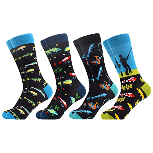 WeciBor Men's Colorful Funny Novelty Casual Combed Cotton Crew Fishing Socks Gift - 4 Pack - Size 10-13