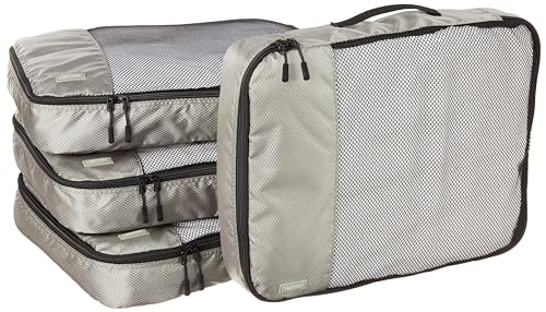 Amazon Basics 4 Piece Packing Travel Organizer Cubes Set, Zipper, Large, Gray