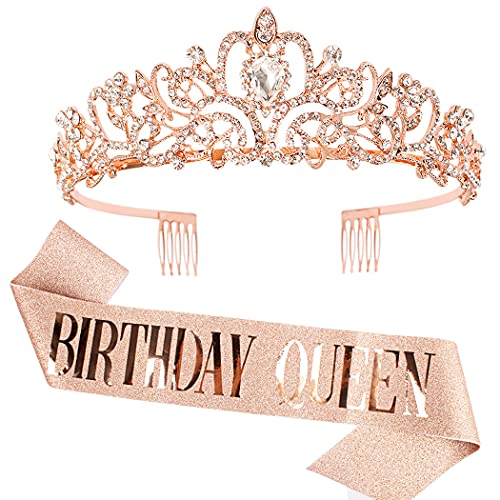 'Birthday Queen' Sash & Rhinestone Tiara Set COCIDE Rose Gold Birthday Sash and Tiara for Women Birthday Decoration Kit Rhinestone Headband for Girl Glitter Crystal Hair Accessories for Party