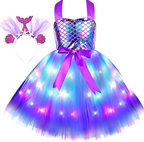 Soyoekbt Girls Mermaid Costume LED Light Up Mermaid Princess Dress Mermaid Cosplay Tutu Dress for Birthday Party 3-8 Years Purple L