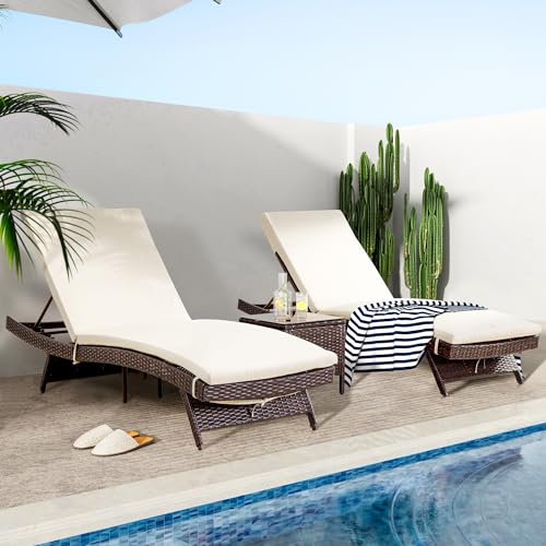 Pamapic Patio Chaise Lounge Set 3 Pieces with Adjustable Backrest and Removable Cushion, Outdoor Pool Chair for Patio Poolside Backyard Porch