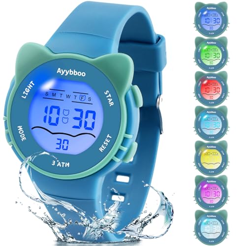 Ayybboo Kids Digital Watches for Girls Boys, 7 Color Lights Water Proof Watches for Kids with Alarm Stopwatch, Cute Cat Watch, Kids Presents for Girls Boys Ages 5-13