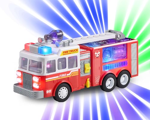 JOYIN Toddler Fire Truck Toy - LED Projections & Sirens, Realistic Buttons with Mode Switch & Volume Control, Bump and Go Fire Engine Trucks, Boys&Girls Firetruck, Kids Birthday