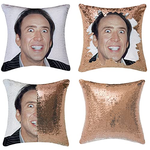JYVNCZ Nicolas Cage Sequin Pillow Cover Magic Funny Gifts Mermaid Reversible Pillowcase Funny Gifts Decorative Cushion Cover Glitter Accent Pillow 16x16 Inches（Gold）