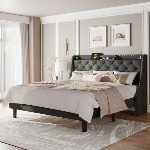 Feonase King Bed Frame with Luxury Wingback Upholstered Button Tufted Storage Headboard, King Platform Bed with Charging Station, Sturdy Wooden Slats Support, Noise-Free, Easy Assembly, Dark Gray