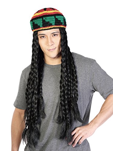 AICKER Rasta Dreadlocks Hat Wig with Tam 28 Inch Reggae Knit Slouchy Beret Jamaican Crocheted Beanie Hippie Knitted Stretchy Cap Long Braided Synthetic Hair Unisex (Black)