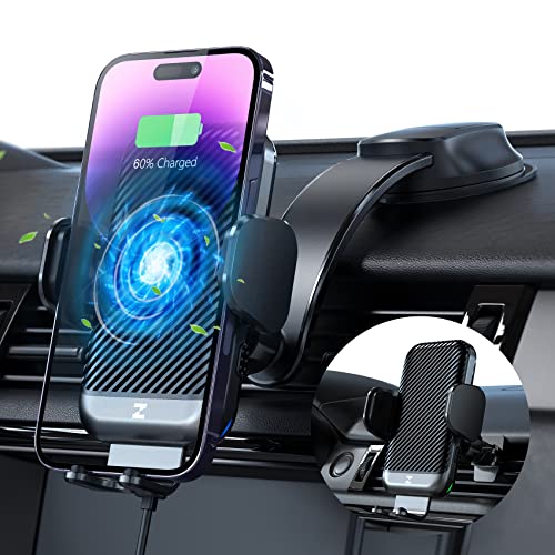 [Cooling Version] ZeeHoo 15W Fast Wireless Car Charger, Auto-Clamping Car Mount, Windshield Dash Air Vent Phone Holder Cooling Charging for iPhone 14 13 12 Pro Max Mini, S22,etc
