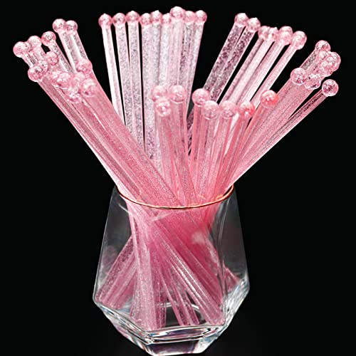 hapray 50-PCS Pink Glitter Plastic Swizzle Sticks, Crystal Cake Pops, Cocktail Coffee Drink Stirrers, Lolipop Stick, for Valentines Day Party 7.24 Inch