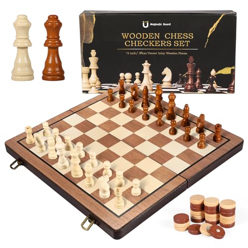 Anzid Chess Set,15''Chess Board,Wooden Magnetic Chess,Collapsible Chess Board,Checkers 2-in-1 Chess Sets for Adults,Chess Set for Kids,Magnetic Chess Set Strategy Game