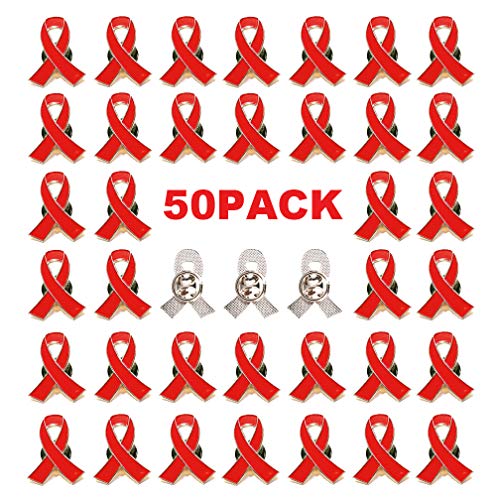 50 Pack Red Ribbon Awareness Brooch Lapel Pin for Fundraising Charity Event Party Favors Supplies