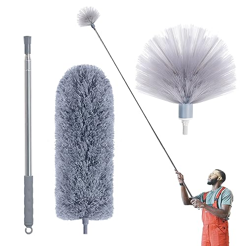 IVYROLL Cobweb Duster with Extension Pole, Spider Web Brush & Ceiling Duster Kit for Cleaning, 100' Microfiber Feather Duster Cleaner with Washable Head for Ceiling Fan, Furniture, Home