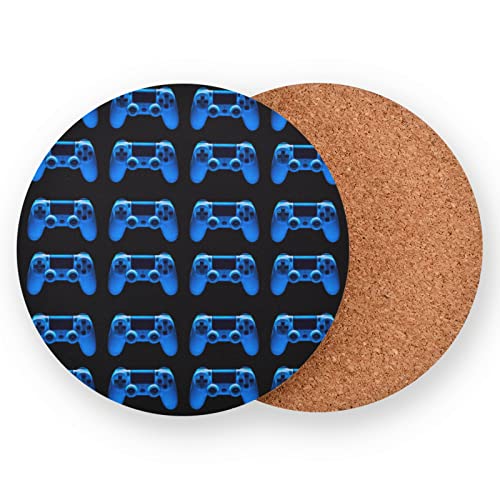 Video Game Joystick Gamepad in Blue Neon Lights Isolated on Black 4 Pcs Tea Wooden Round Coaster Set, Non-Slip Lightweight Wooden Coaster for Party Home Office Kitchen Bar Coffee Table