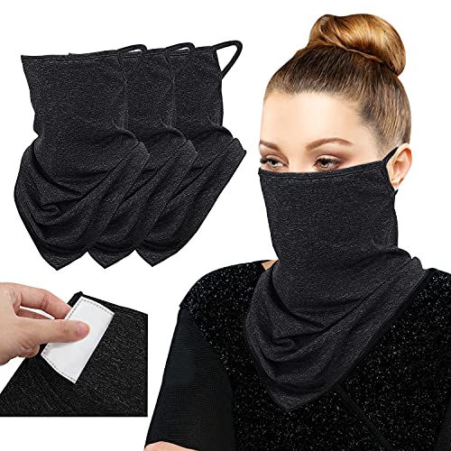 MoKo Scarf Mask Bandana with Ear Loops 3 Pack, Neck Gaiter Balaclava with Filter Pocket UV Sun Protection Face Mask for Dust Wind Motorcycle Cycle Bandana Headband for Women Men, Black