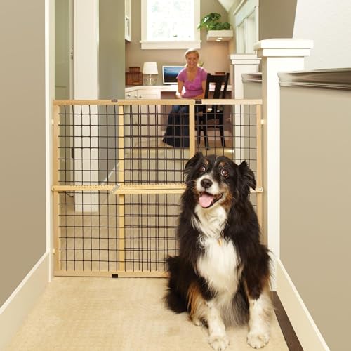 MYPET North States Wire Mesh Dog Gate: 29.5-50' Wide. Pressure Mount. No tools needed. Dog Gate 31' Tall, Expandable, Durable Dog Gates for Doorways, Sustainable Hardwood