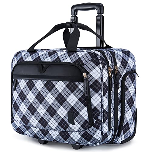 BAGSMART Water-Resistant 17.3 Inch Rolling Laptop Bag, Black & White Plaid, Suitcase