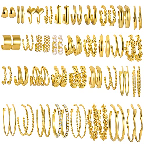 36 Pairs Gold Hoop Earrings Set for Women Girls Multipack, Hypoallergenic Chunky Chain Twisted Hoop Earrings Pack, Fashion Dangle Earrings Jewelry for Gift
