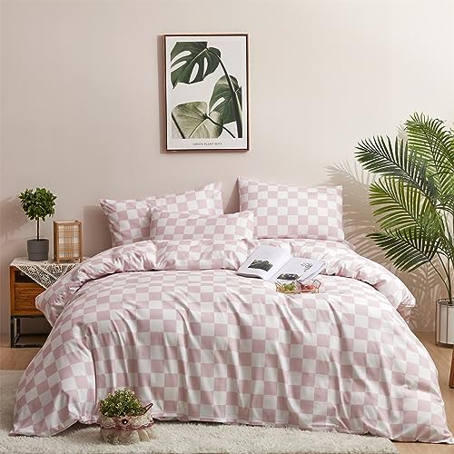 Wellboo Pink White Plaid Comforter Sets Queen Women Men Bean Pink and White Checkerboard Grid Bedding Comforters Cotton Boys Girls Modern Dusty Pink Checkered Geometric Quilts Luxury Abstract Bed