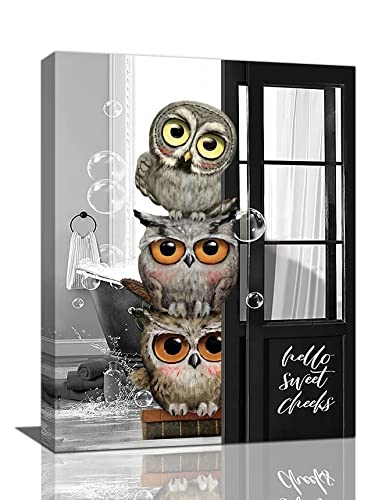 Funny Owl Bathroom Decor Wall Art Black And White Owl Bathroom Pictures Wall Decor Modern Bathroom Sign Canvas Prints Paintings Framed Artwork Home Decorations For Bathroom Toilet 12'x16'