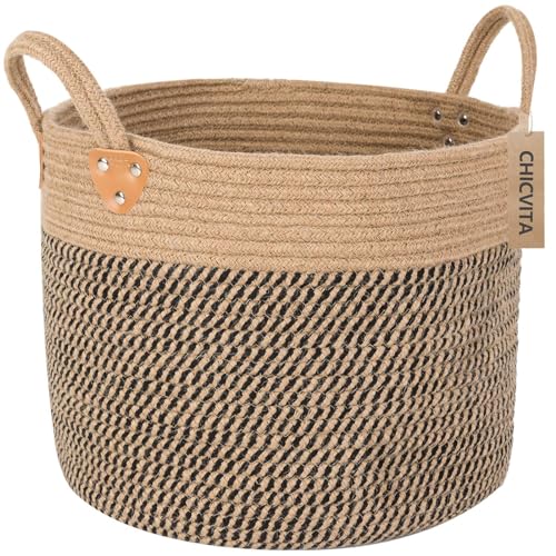 CHICVITA Jute Woven Wicker Floor Storage Basket With Handles, Boho Decorative Basket For Blanket, Toy, Shoe, Firewood, Farmhouse Plant Basket for Living Room, 14' X 14' X 12'