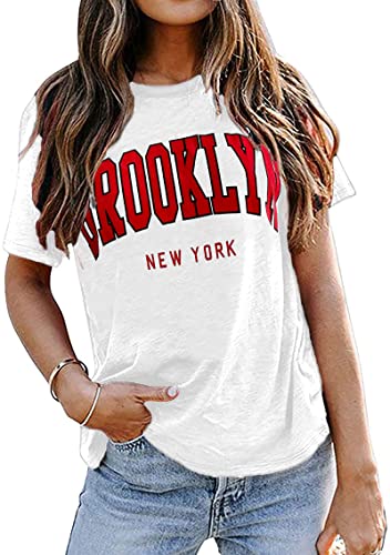 Avanova Women's Brooklyn Letter Print Crew Neck T-Shirt Short Sleeve Casual Tee Top White B Large
