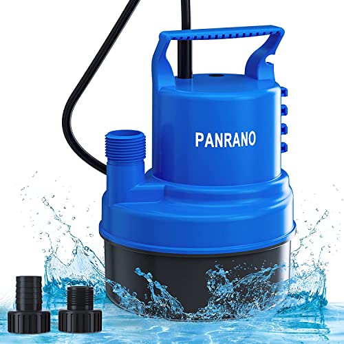 PANRANO 1/2HP Small Water Pump 2200GPH Submersible Sump Pump For Basements Garden Pond Pool Flooded Water Removal With 16.4 Ft Power Cord and Hose Adapters