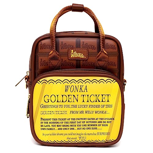 Warner Bros. Movies Bag, Cross Body, Willy Wonka Golden Ticket Text and Wonka Bar Print Browns, Vegan Leather